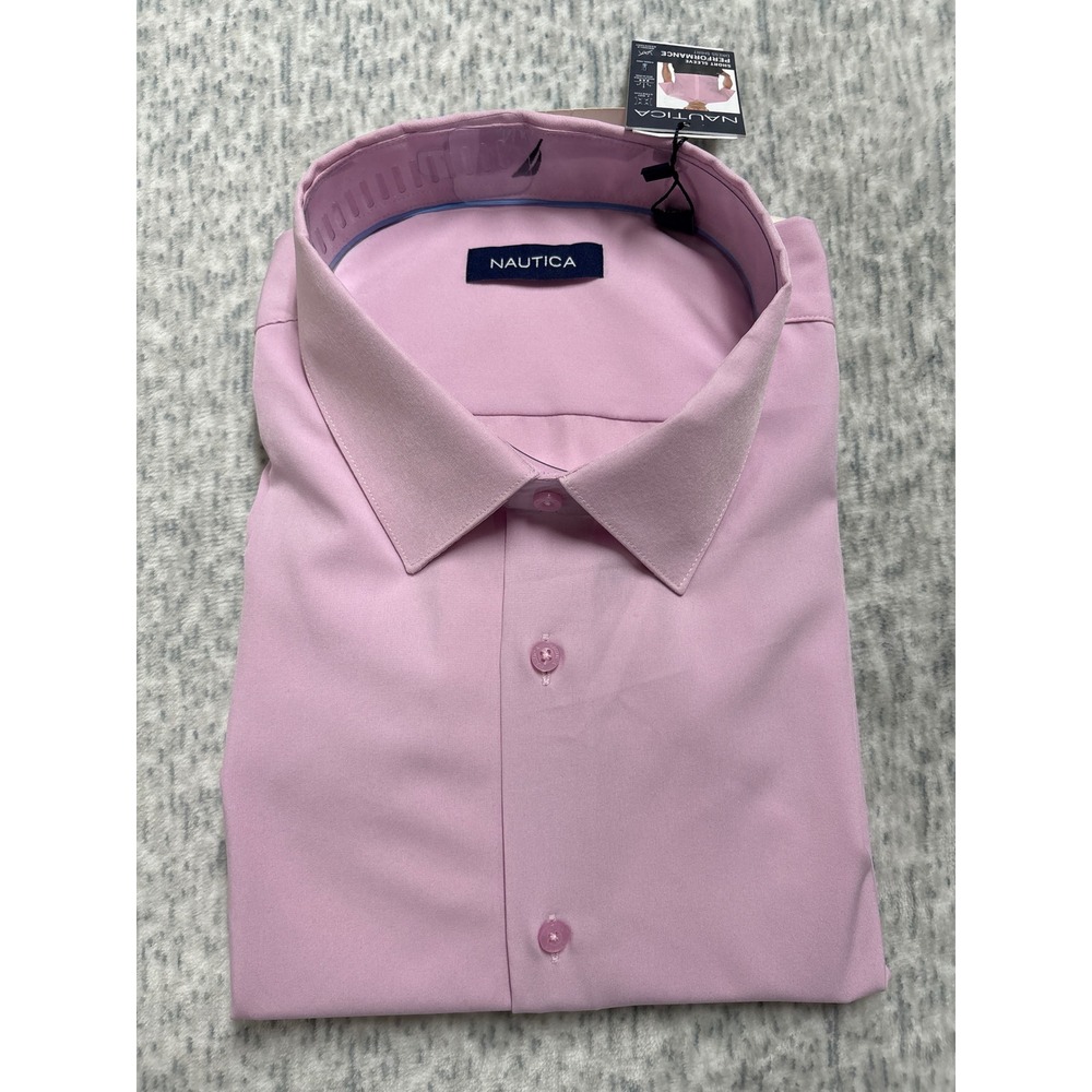 Nautica Mens XXL Short Sleeve‎ Performance Dress Shirt Pink Solid Stretch 319405